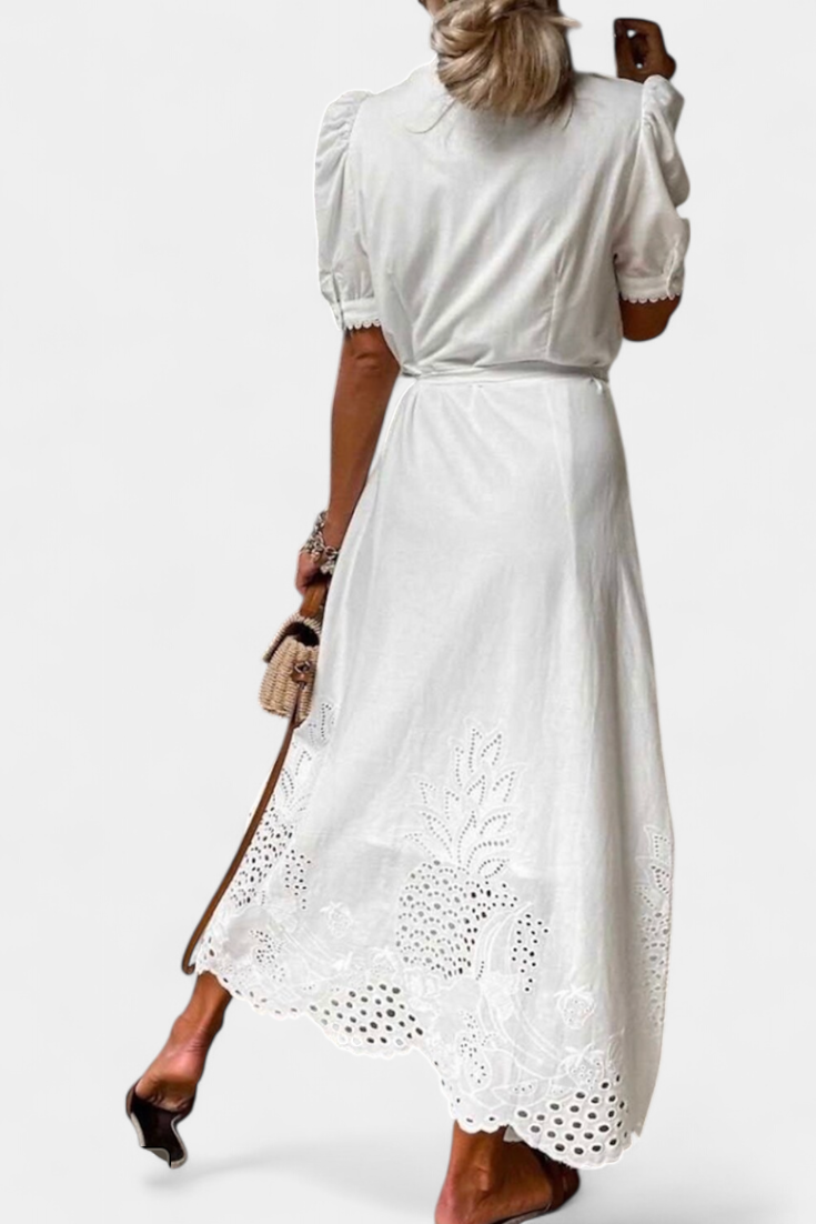 Vestido Camisa Bordado Nerea con Cinturón y Mangas Abullonadas