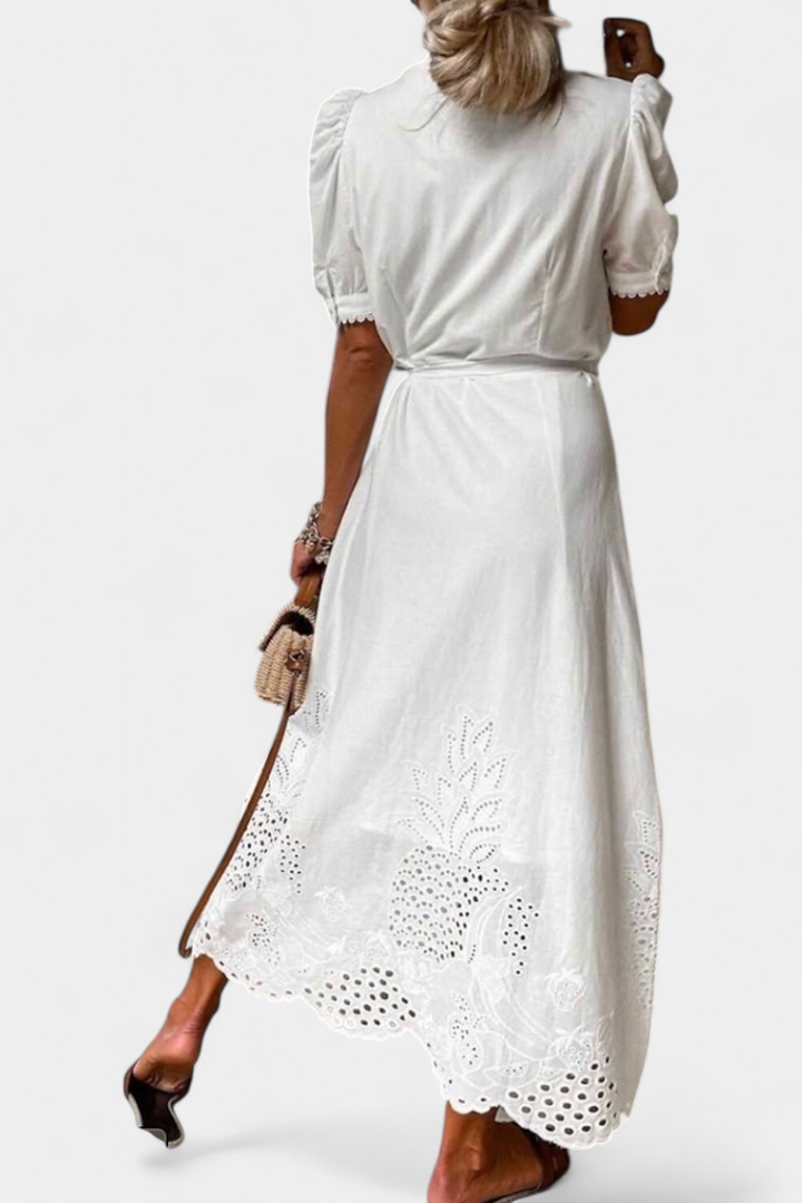 Vestido Camisa Bordado Nerea con Cinturón y Mangas Abullonadas