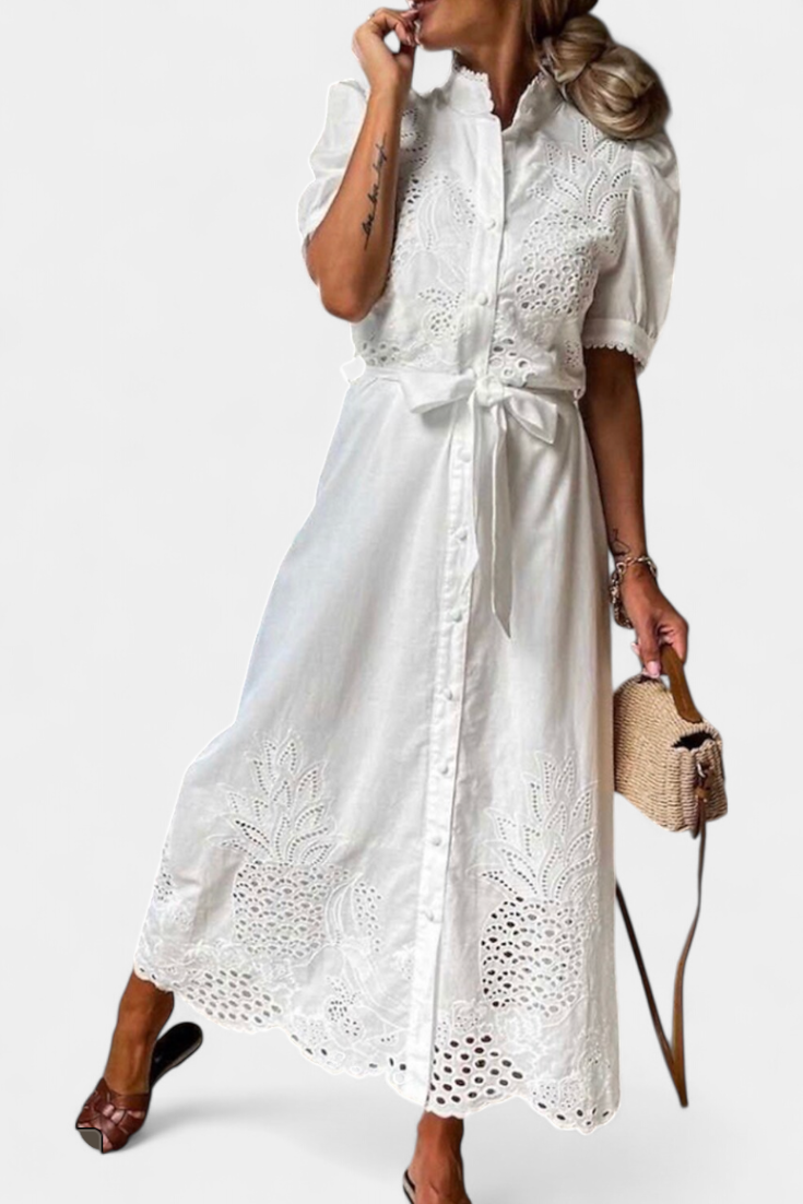 Vestido Camisa Bordado Nerea con Cinturón y Mangas Abullonadas