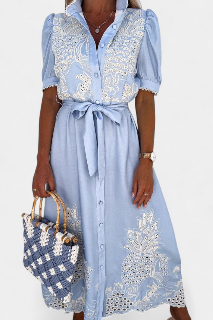 Vestido Camisa Bordado Nerea con Cinturón y Mangas Abullonadas