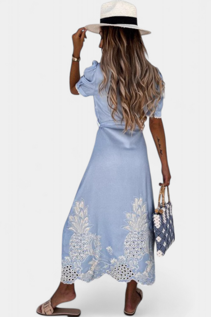 Vestido Camisa Bordado Nerea con Cinturón y Mangas Abullonadas