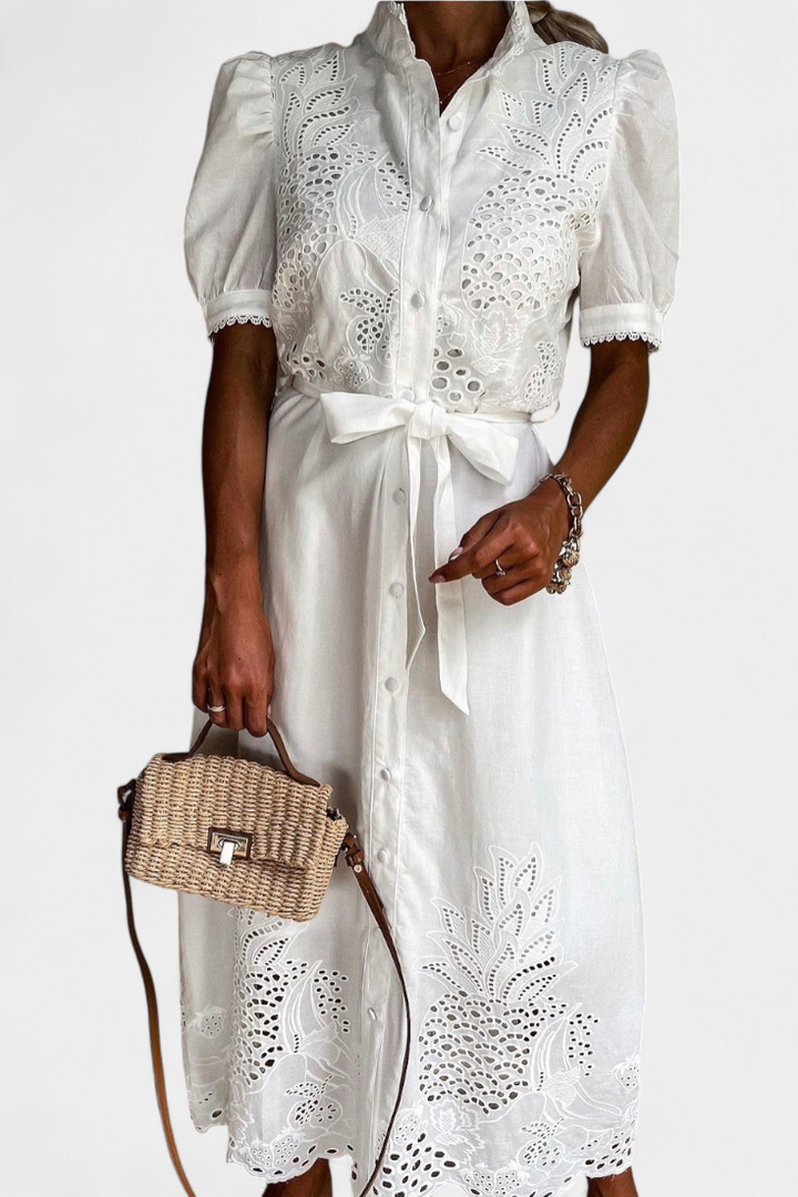 Vestido Camisa Bordado Nerea con Cinturón y Mangas Abullonadas