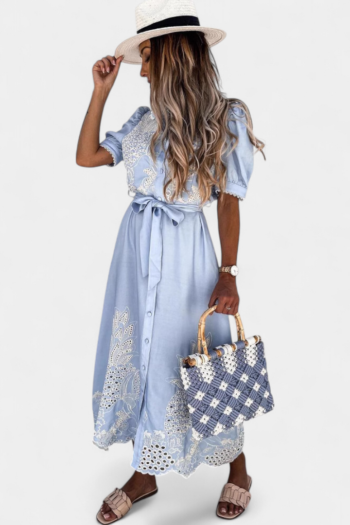 Vestido Camisa Bordado Nerea con Cinturón y Mangas Abullonadas